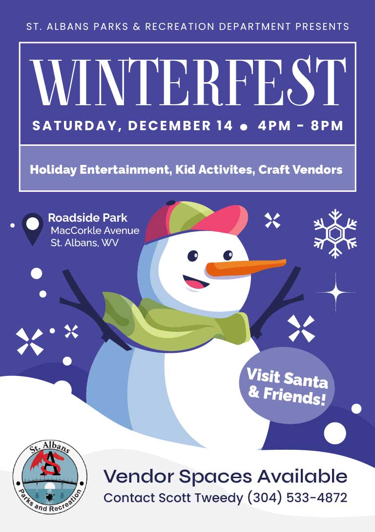 Join WinterFest at Roadside Park in St. Albans on Dec 14, 4-8 PM, for holiday crafts, kids’ activities, Santa visits, and festive entertainment! Free for all ages.